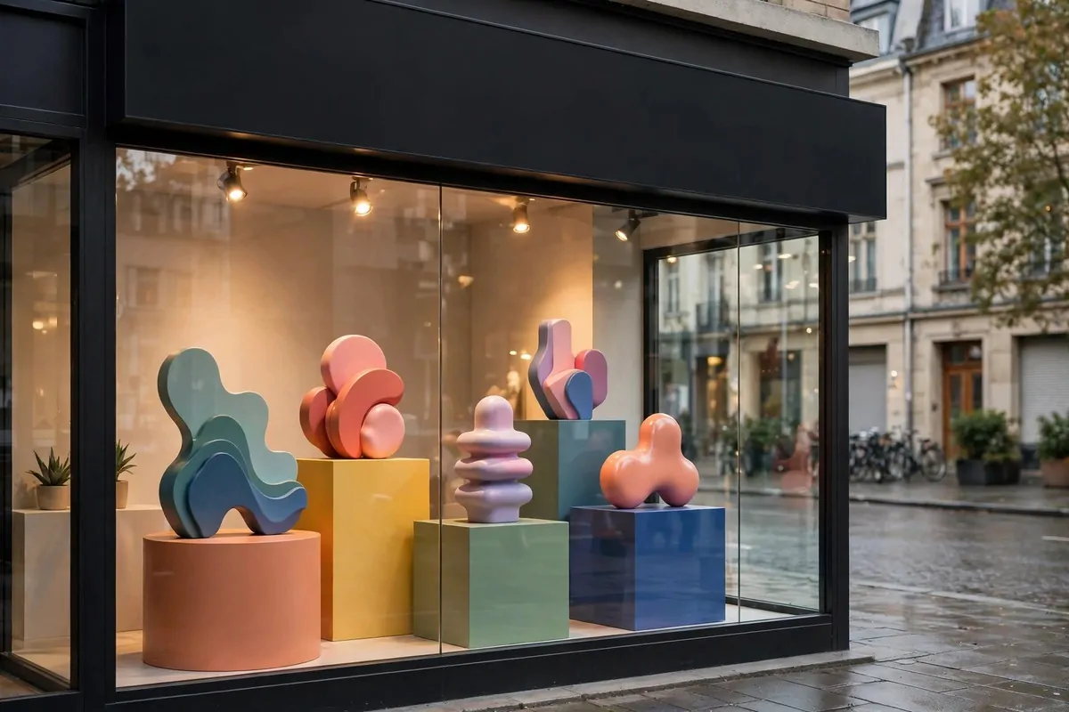 15 Business and Advertising Studio Ideas That Grab Attention 1 A studio shopfront window display with a bold empty sign board, colorful abstract product plinths, warm spotlights and a clean glass window