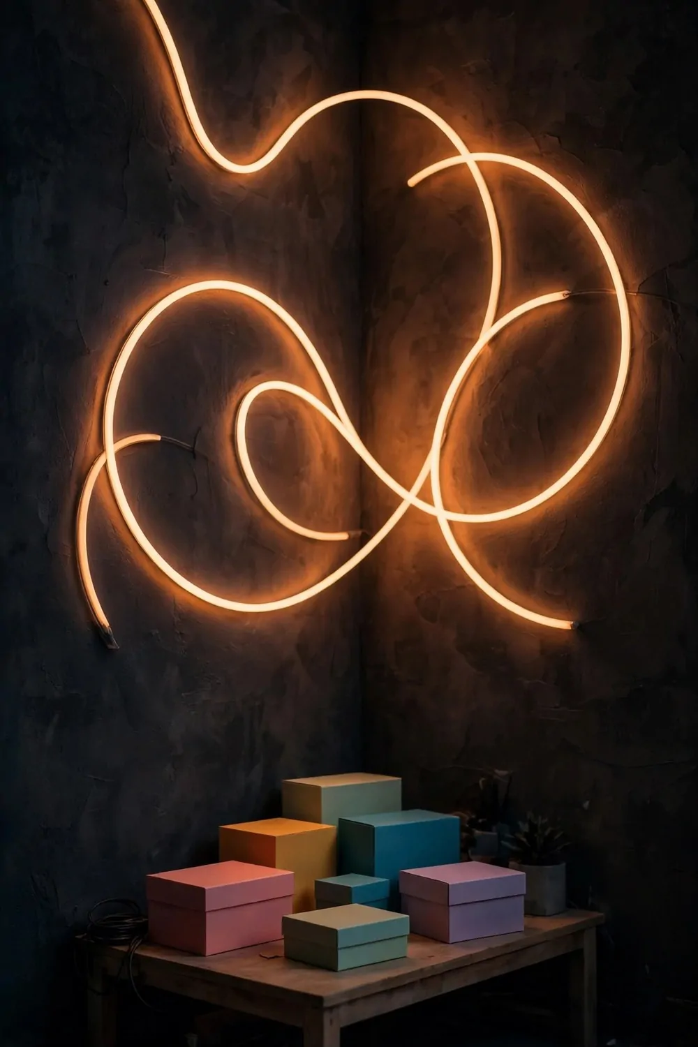 15 Business and Advertising Studio Ideas That Grab Attention 2 A studio corner glowing with warm neon-style tube lights in abstract curved shapes on a dark wall, with a small display table of blank colorful boxes