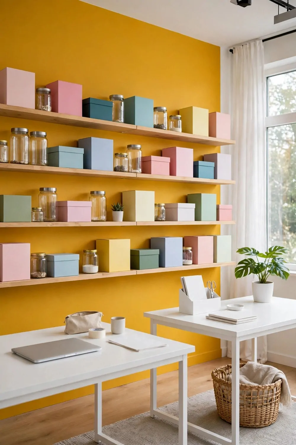15 Business and Advertising Studio Ideas That Grab Attention 3 A studio with a bold mustard-yellow accent wall, white desks, shelves of blank colorful product boxes and jars, and a green plant