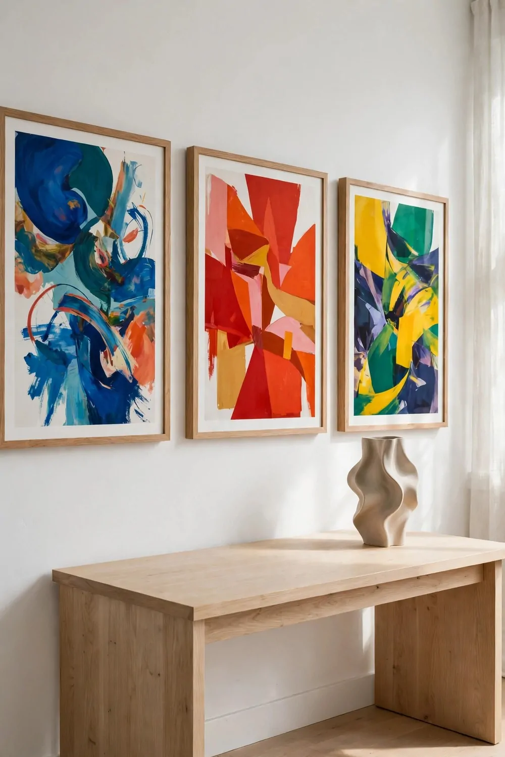 15 Business and Advertising Studio Ideas That Grab Attention 4 A white-wall studio gallery with large framed abstract art prints in bold colors above a pale oak desk and a sculptural vase