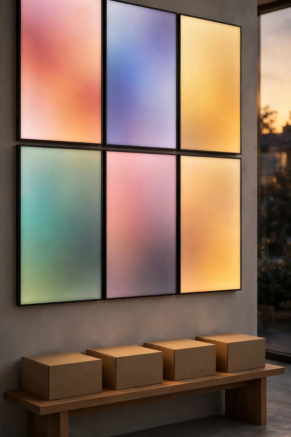 15 Business and Advertising Studio Ideas That Grab Attention 5 A studio wall of glowing backlit lightbox panels with soft abstract color gradients and a low bench with blank sample boxes below