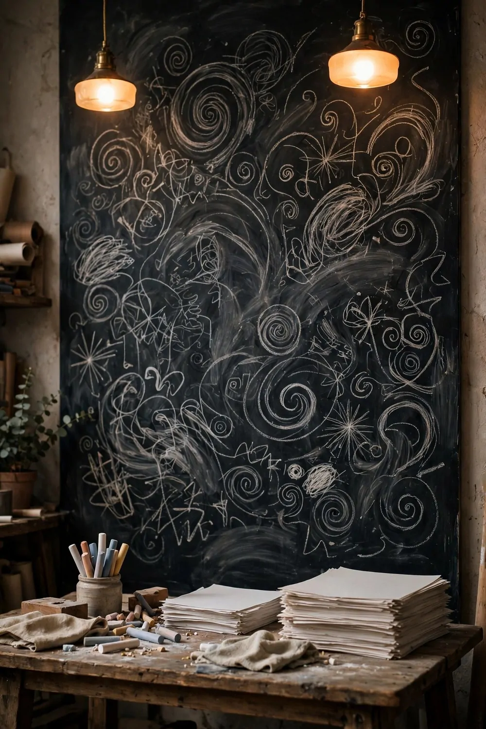 15 Business and Advertising Studio Ideas That Grab Attention 6 A studio with a large dark chalkboard wall covered in abstract chalk doodles and swirls, a wooden worktable with chalk sticks and blank paper stacks