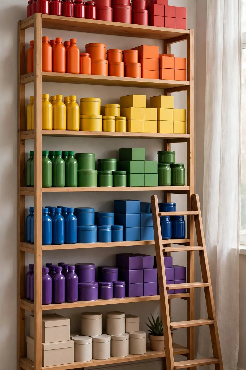 15 Business and Advertising Studio Ideas That Grab Attention 7 A studio product library with open shelves of neatly arranged blank jars, bottles, tins and colorful boxes sorted by color, with a small ladder