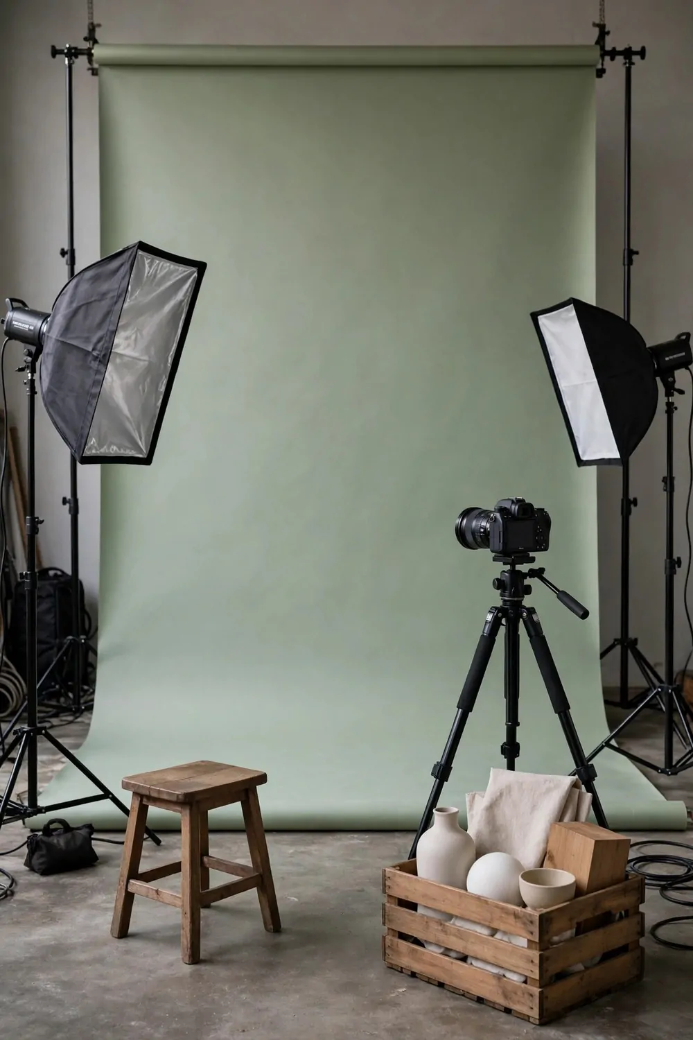 15 Business and Advertising Studio Ideas That Grab Attention 8 A photo backdrop studio with a wide seamless sage green paper backdrop, a camera on a tripod, studio lights and a crate of blank props