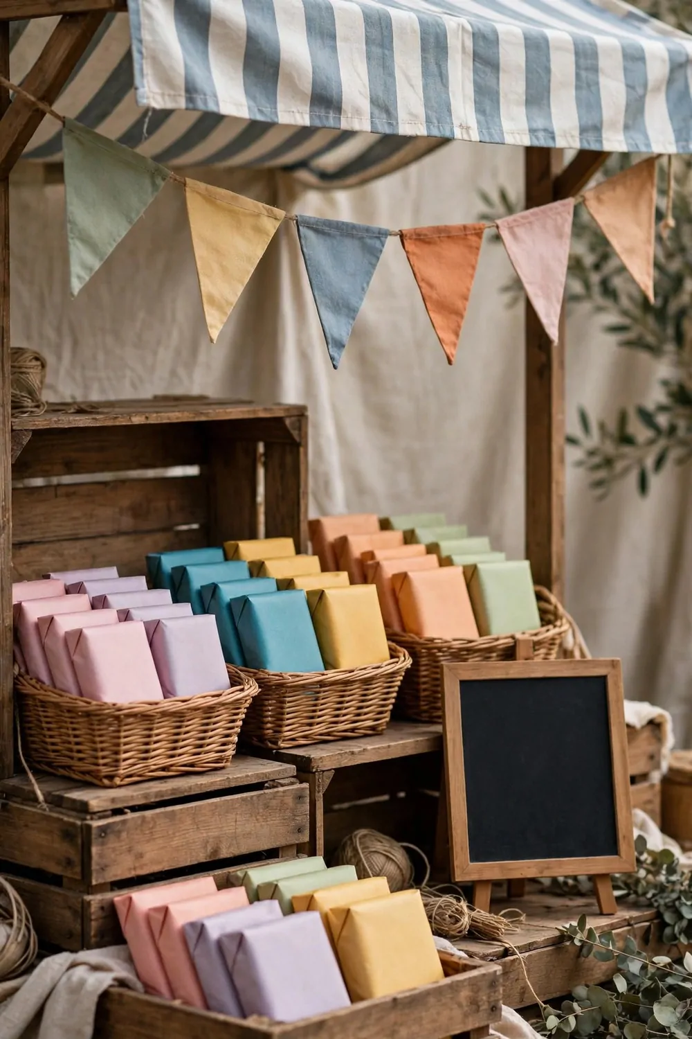 15 Business and Advertising Studio Ideas That Grab Attention 9 A market-stall style studio display with wooden crates, a striped awning, bunting flags, baskets of blank colorful packages and a blank chalk board