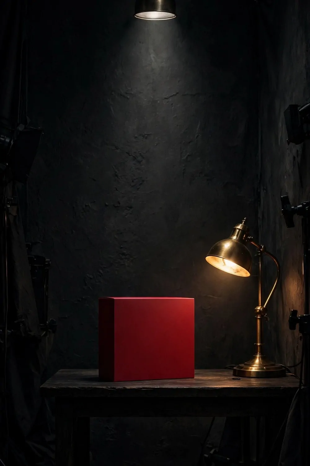 15 Business and Advertising Studio Ideas That Grab Attention 10 A dark moody advertising studio with charcoal walls, a single spotlight over a display table holding one plain bold-color product box, brass lamp glow