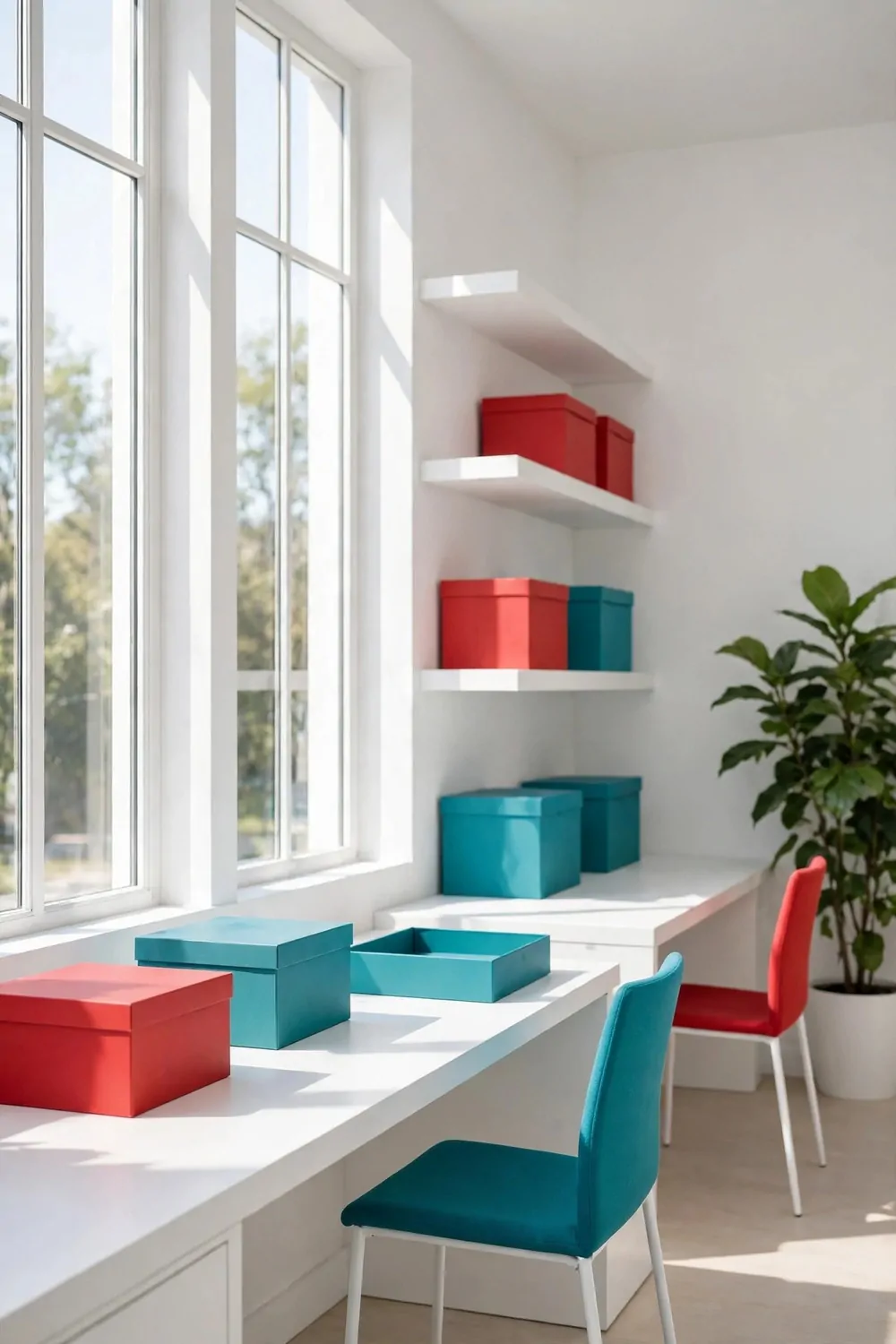 15 Business and Advertising Studio Ideas That Grab Attention 11 A bright all-white studio with white desks and shelves, pops of red and teal from blank boxes and chairs, one large green plant and tall windows