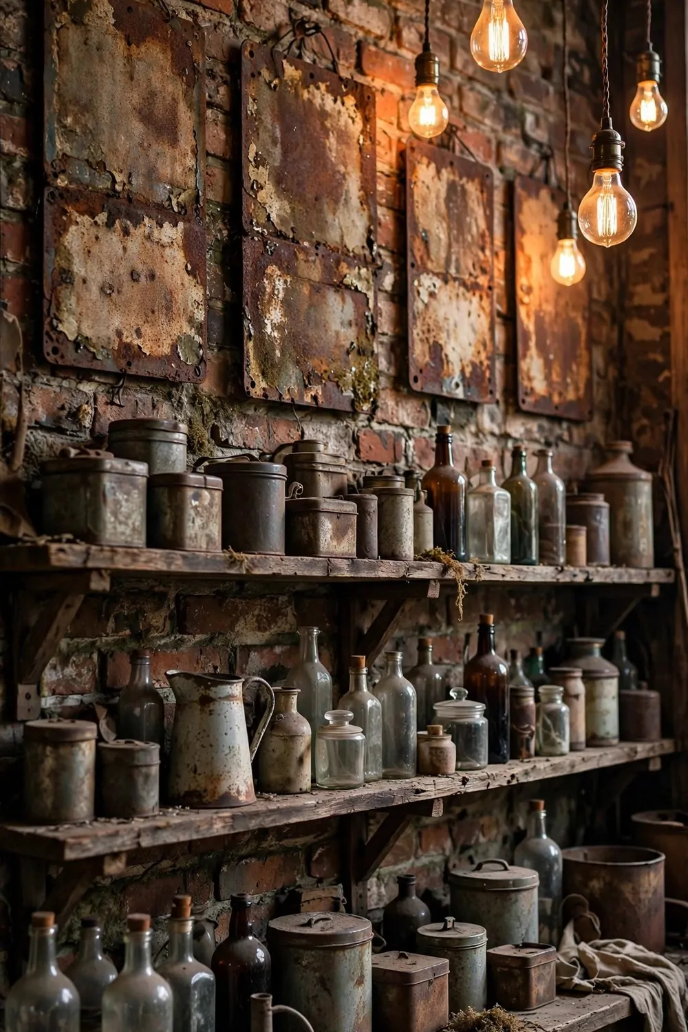 15 Business and Advertising Studio Ideas That Grab Attention 12 A vintage-style studio with blank rusted metal advertising signs, wooden shelves with old tins and glass bottles, Edison bulb lights and a brick wall