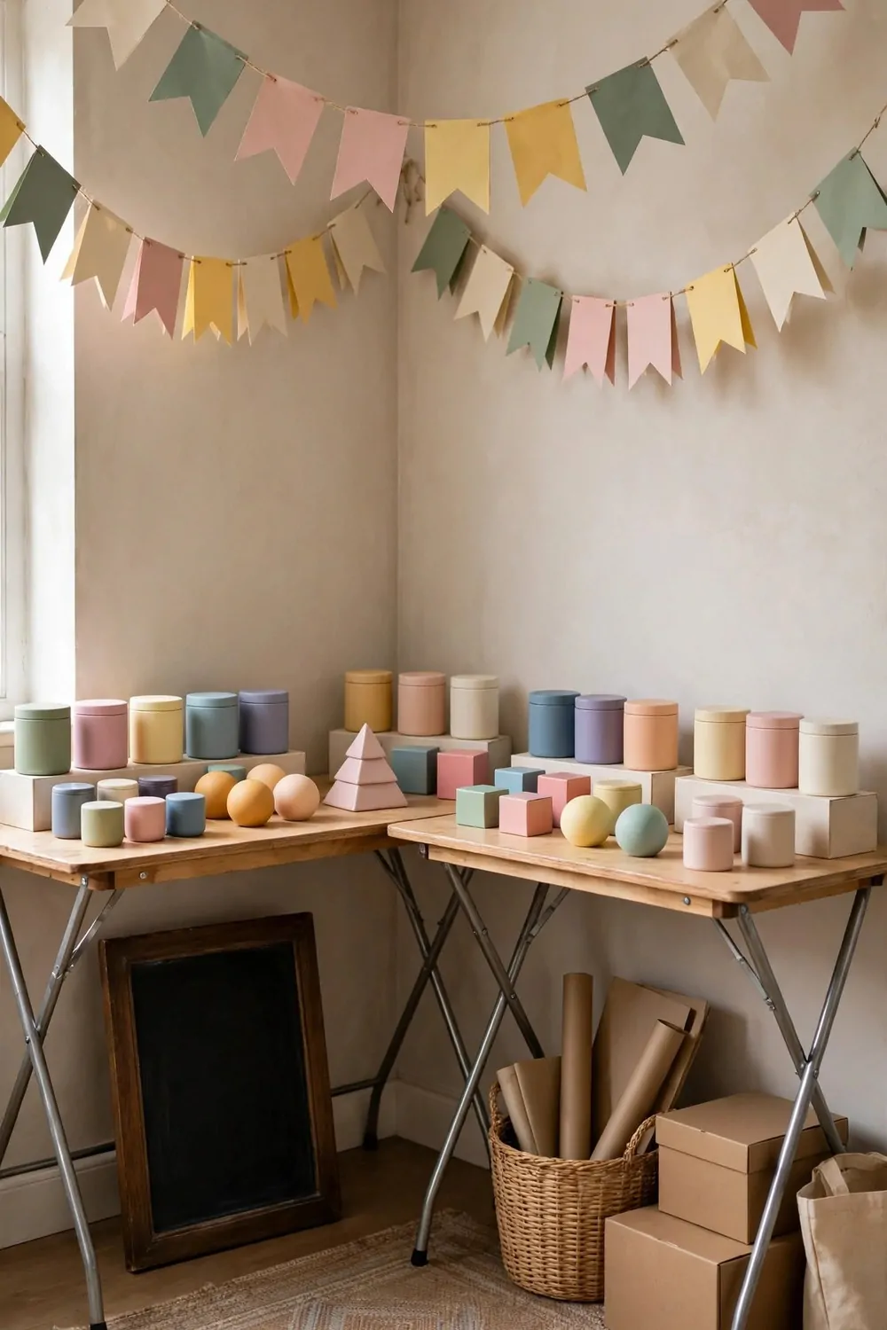 15 Business and Advertising Studio Ideas That Grab Attention 13 A pop-up shop studio corner with folding tables, display stands with blank colorful products, paper garlands overhead, a small rug and a blank chalkboard