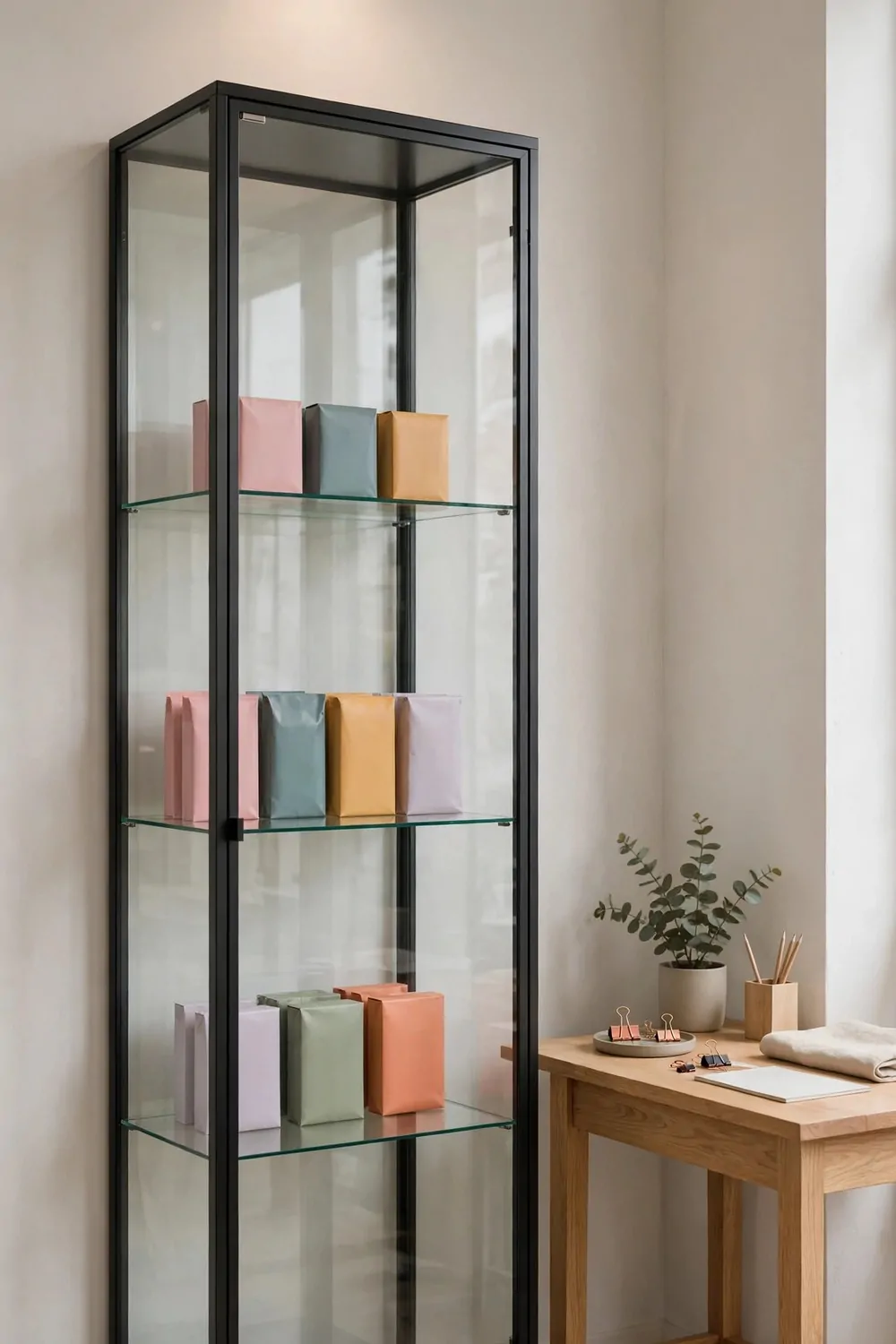 15 Business and Advertising Studio Ideas That Grab Attention 14 A corner showcase studio with a tall glass display cabinet holding blank colorful packages, a spotlight above, pale walls and a small oak desk
