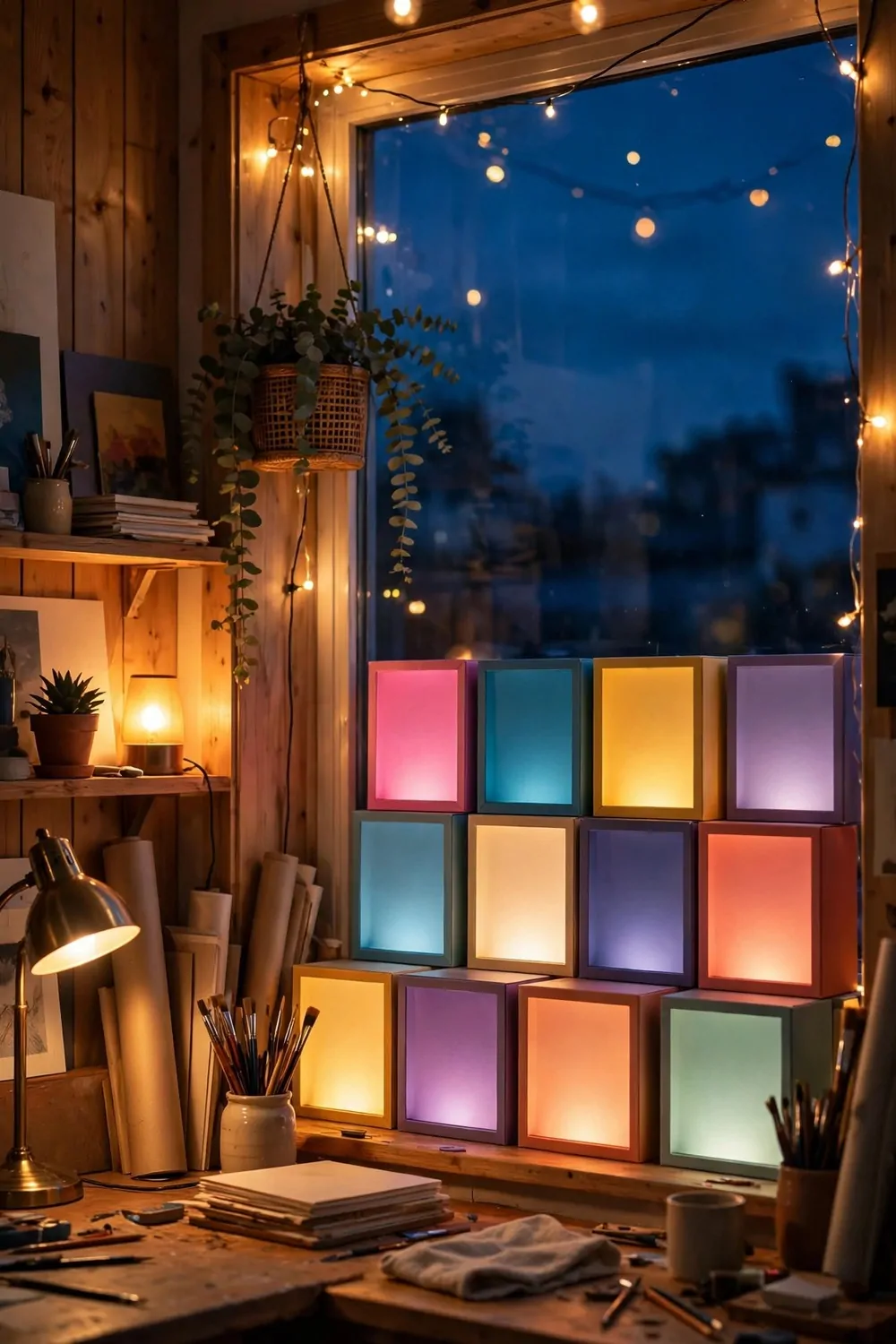 15 Business and Advertising Studio Ideas That Grab Attention 15 A studio glowing at night with warm lamps and string lights, a window display of blank colorful boxes lit from within, dark blue evening sky outside