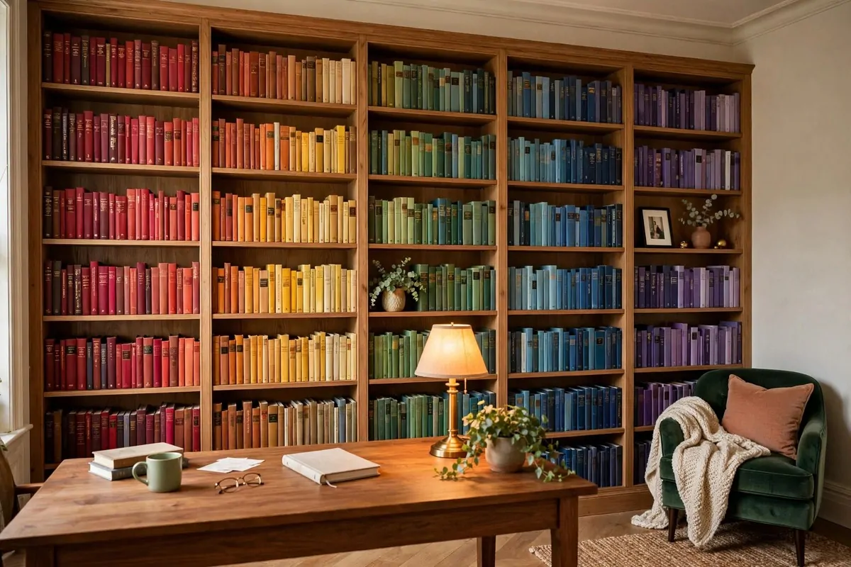 15 Cozy Den Room Ideas Small Office Spaces Can Pull Off 1 Small den office with a full wall of bookshelves behind a wooden desk, warm lamp light and a cozy reading chair