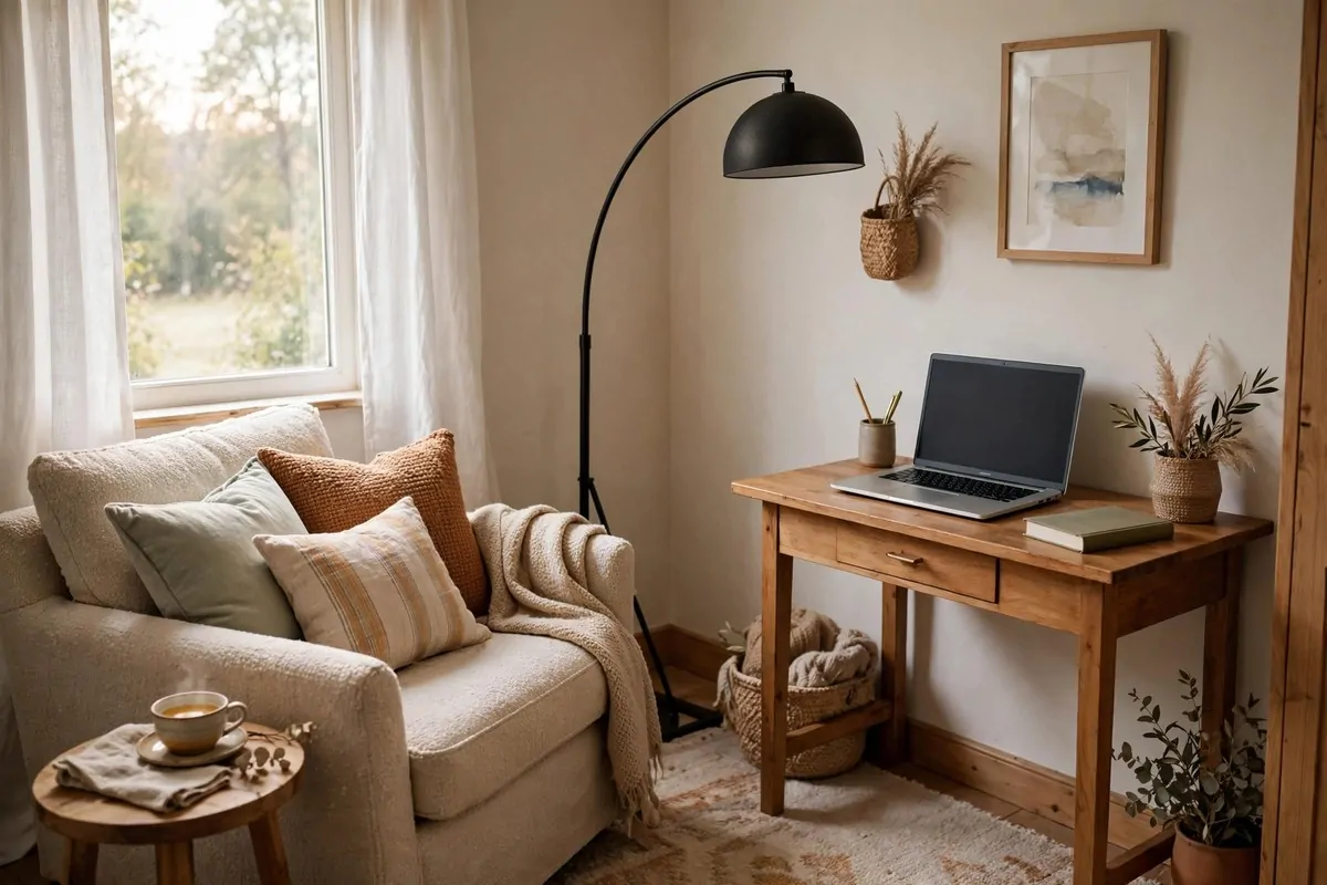 15 Cozy Den Room Ideas Small Office Spaces Can Pull Off 2 Den with a cozy reading armchair and floor lamp beside a compact wooden desk, layered cushions and a soft rug