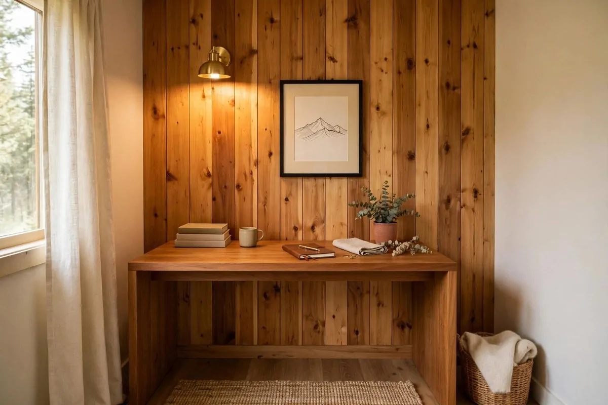 15 Cozy Den Room Ideas Small Office Spaces Can Pull Off 3 Small den office with warm wood paneled accent wall behind the desk, soft lamp glow and built-in shelves