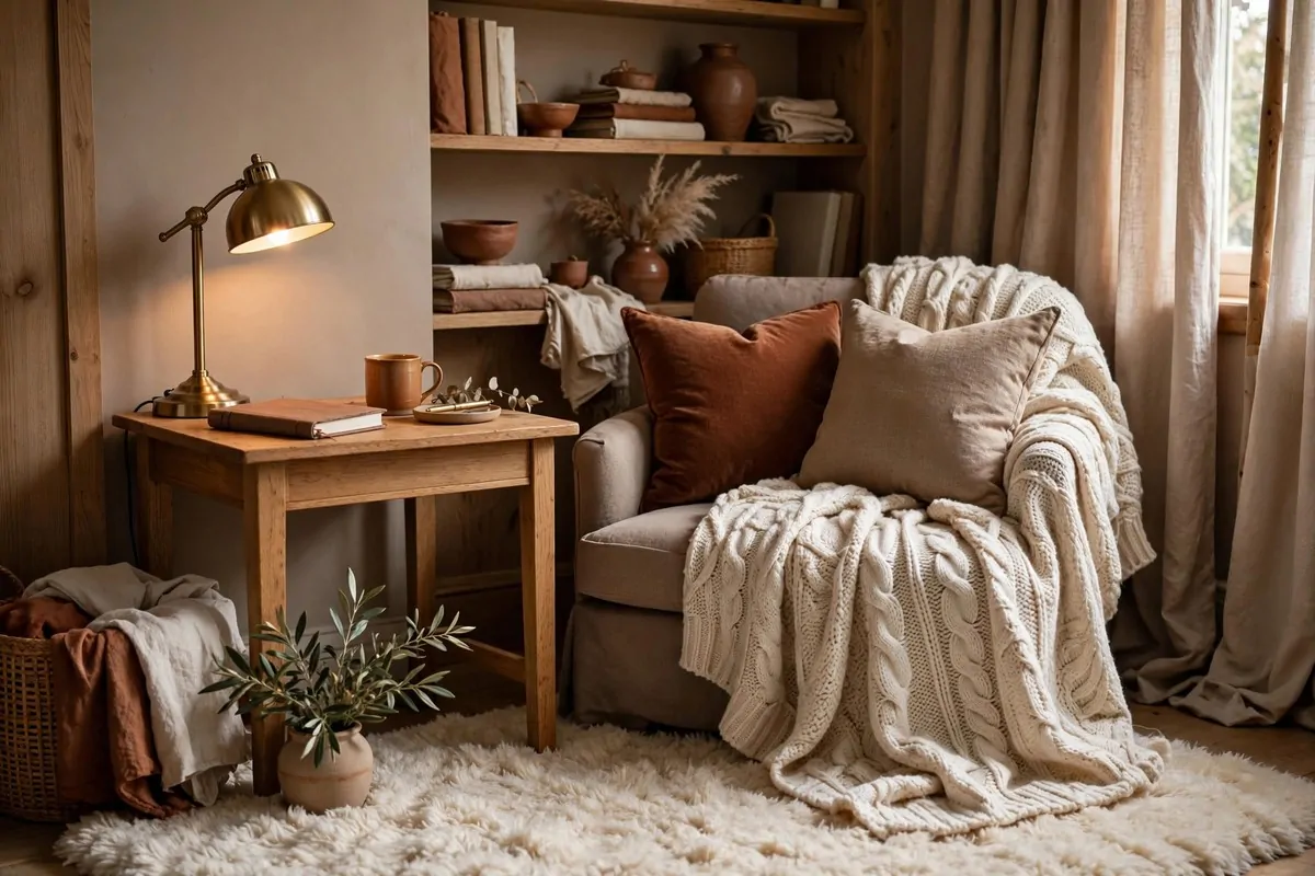 15 Cozy Den Room Ideas Small Office Spaces Can Pull Off 4 Den office layered with a plush rug, throw blankets and cushions on a small sofa, warm textures everywhere