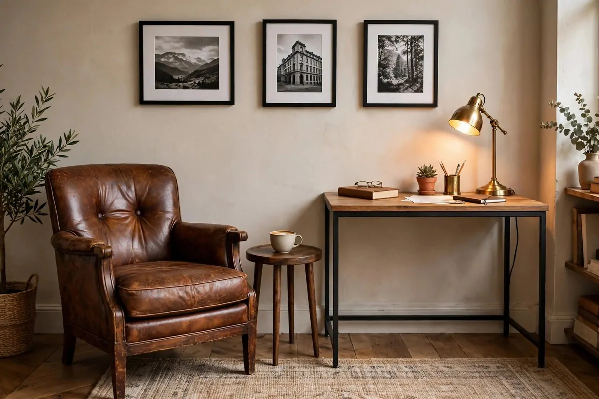 15 Cozy Den Room Ideas Small Office Spaces Can Pull Off 5 Den office corner with a vintage brown leather armchair beside a small metal desk, framed black and white photos on the wall