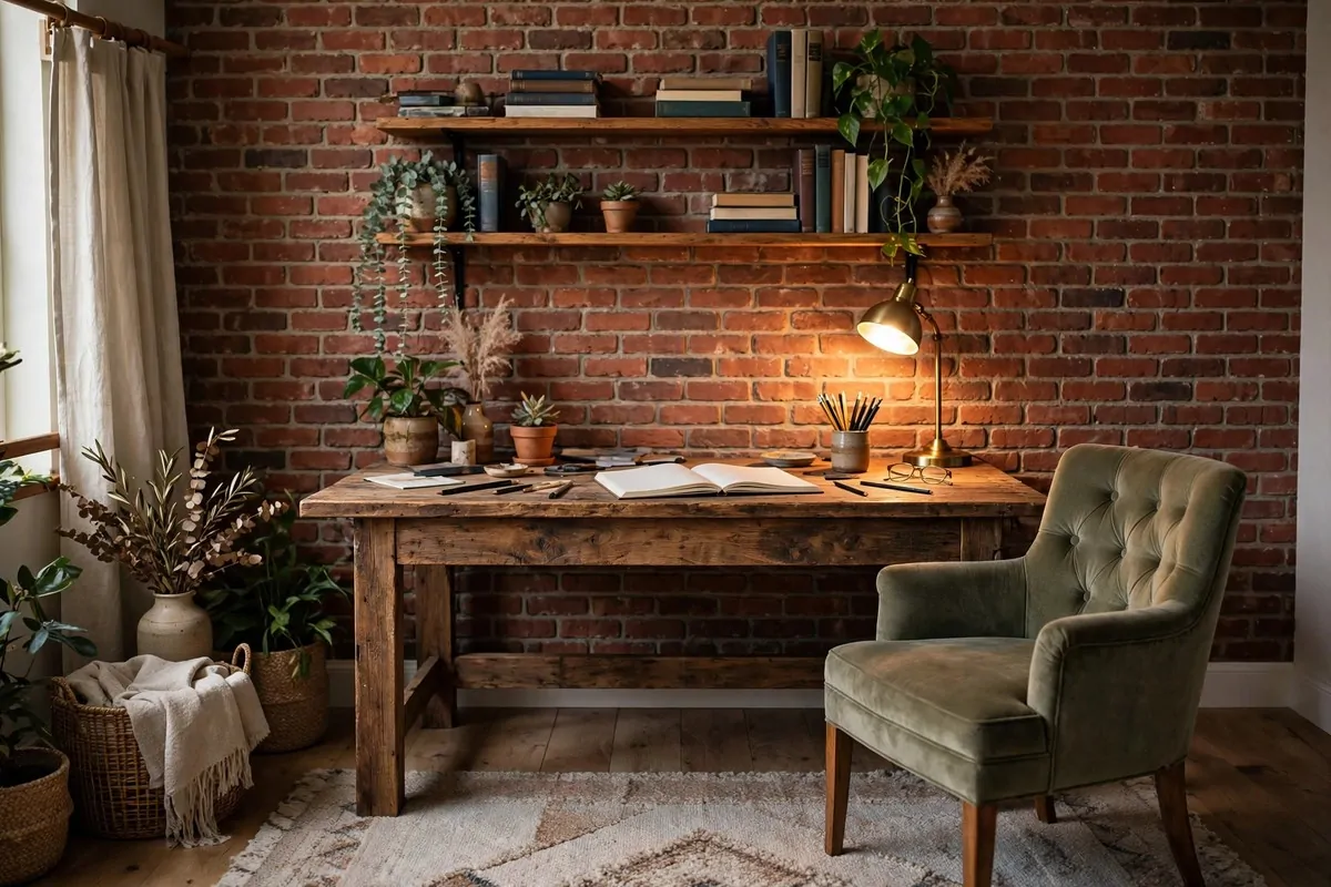 15 Cozy Den Room Ideas Small Office Spaces Can Pull Off 6 Den office with an exposed brick accent wall behind a large wooden desk, industrial metal chair and tall bookshelf