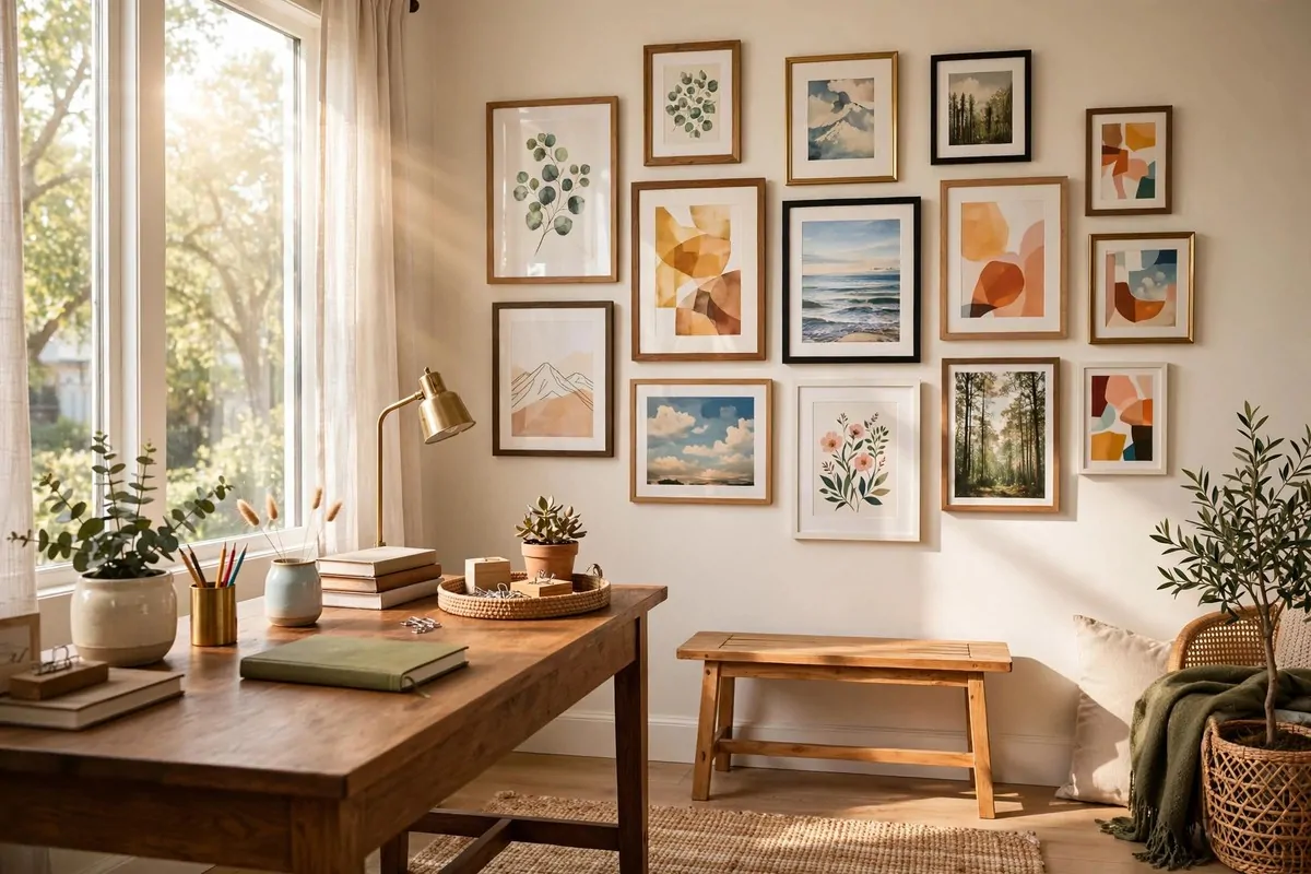 15 Cozy Den Room Ideas Small Office Spaces Can Pull Off 7 Den office with a gallery wall of colorful framed art above the desk, a small bench and soft morning light