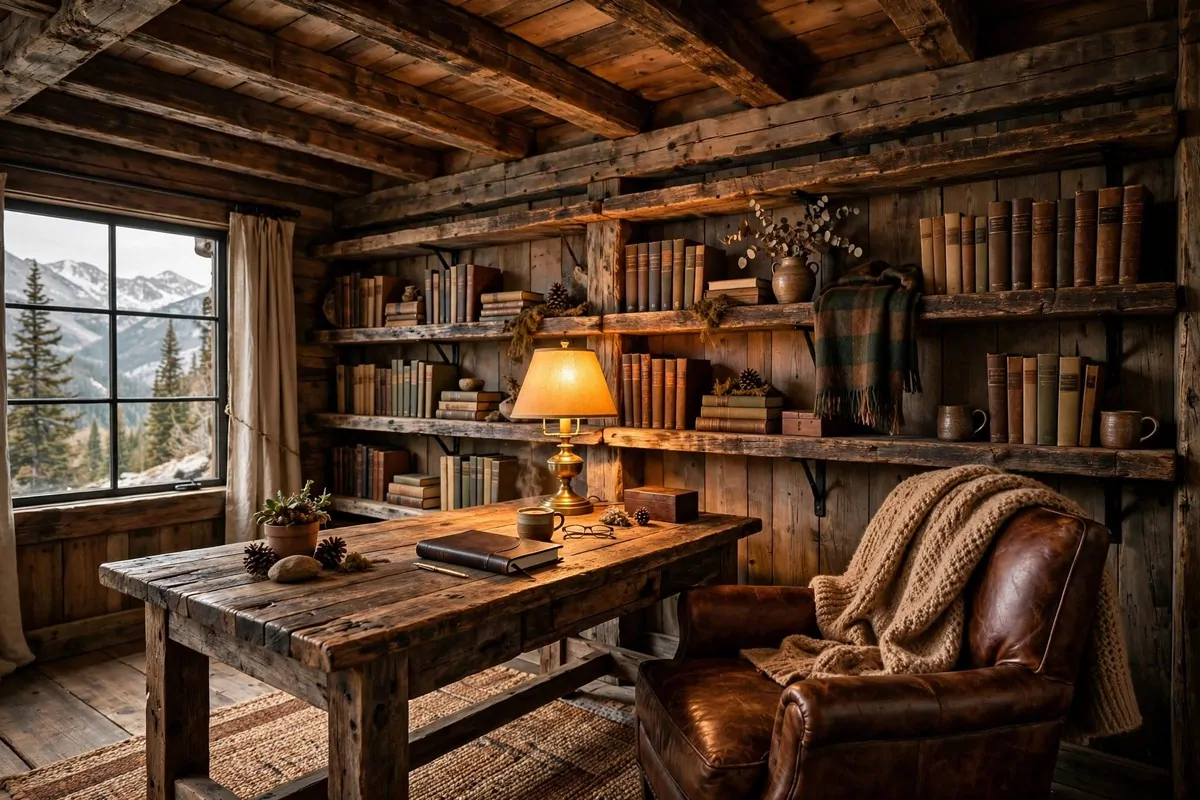 15 Cozy Den Room Ideas Small Office Spaces Can Pull Off 10 Den office with rustic wooden ceiling beams and a reclaimed wood desk, distressed shelves and warm ambient lighting