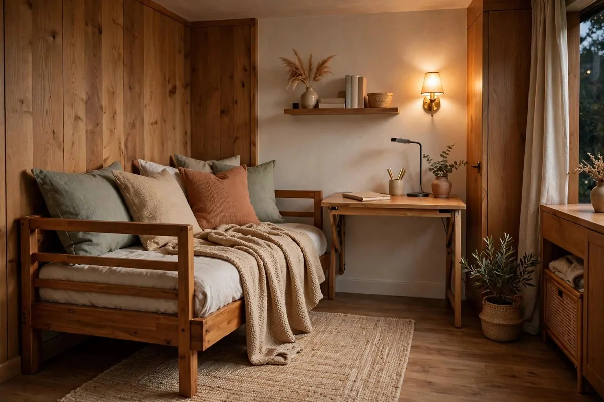 15 Cozy Den Room Ideas Small Office Spaces Can Pull Off 11 Small den with a daybed covered in cushions doubling as a sofa, a foldable desk nearby and warm wood accents