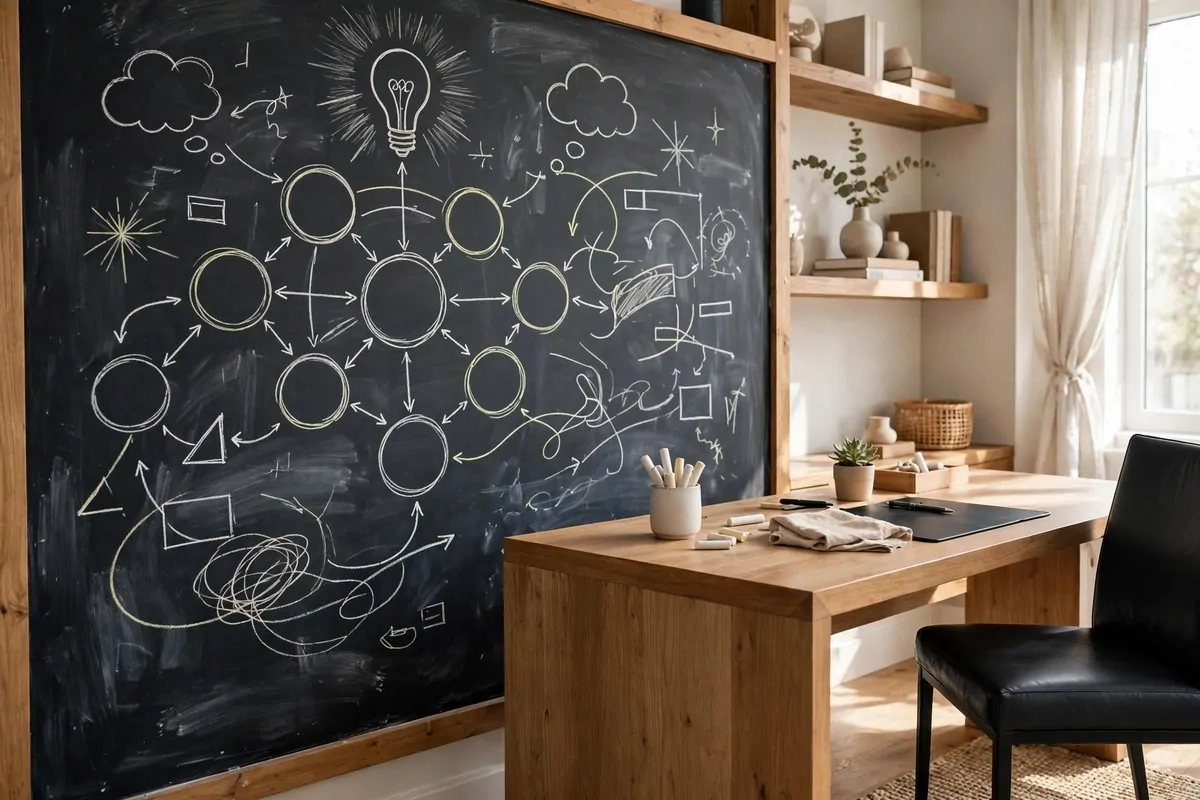 15 Cozy Den Room Ideas Small Office Spaces Can Pull Off 12 Den office with a large chalkboard idea wall beside a sleek wooden desk, colorful notes and sketches, bright natural light