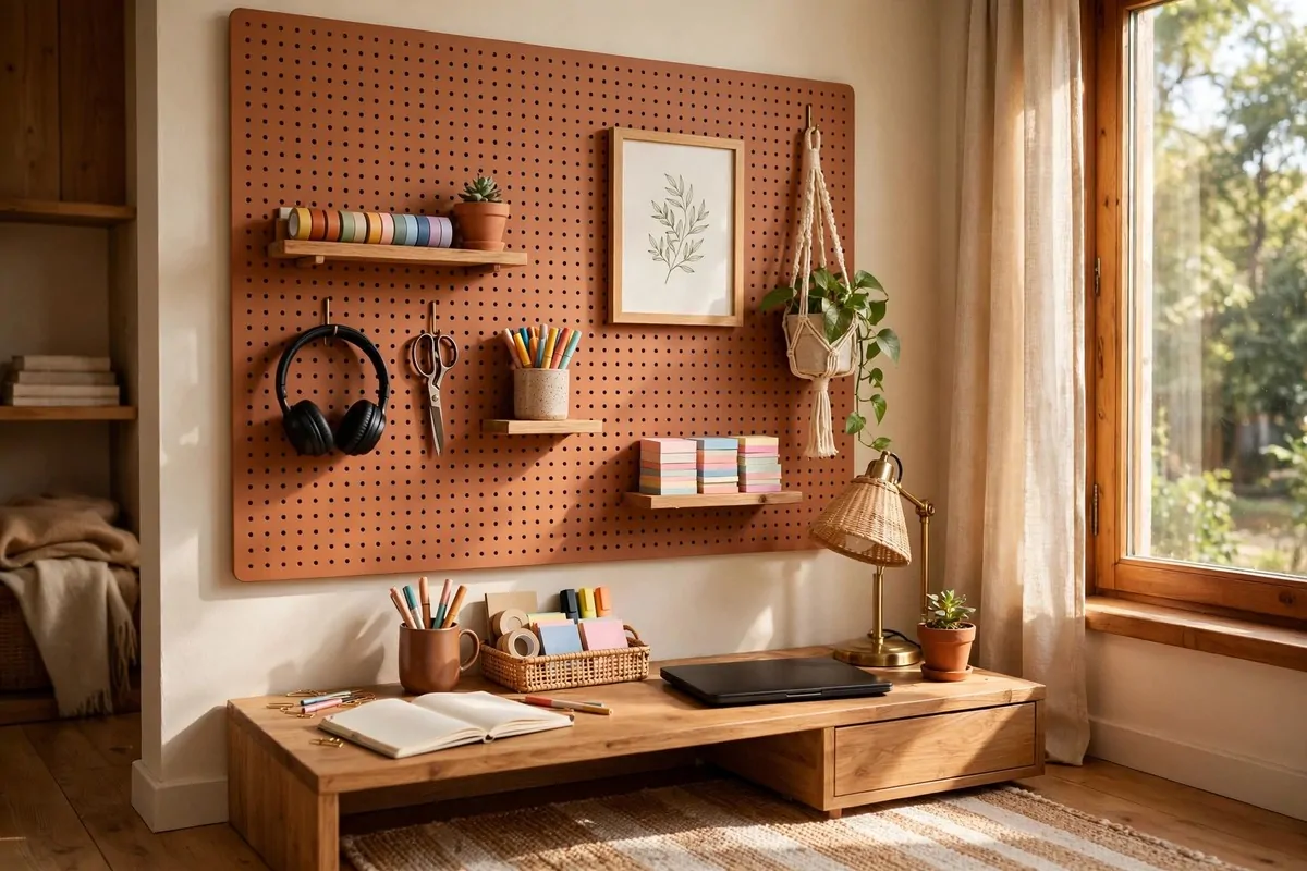15 Cozy Den Room Ideas Small Office Spaces Can Pull Off 13 Den office with a pegboard organization wall holding shelves, plants and supplies above a compact desk, warm natural light