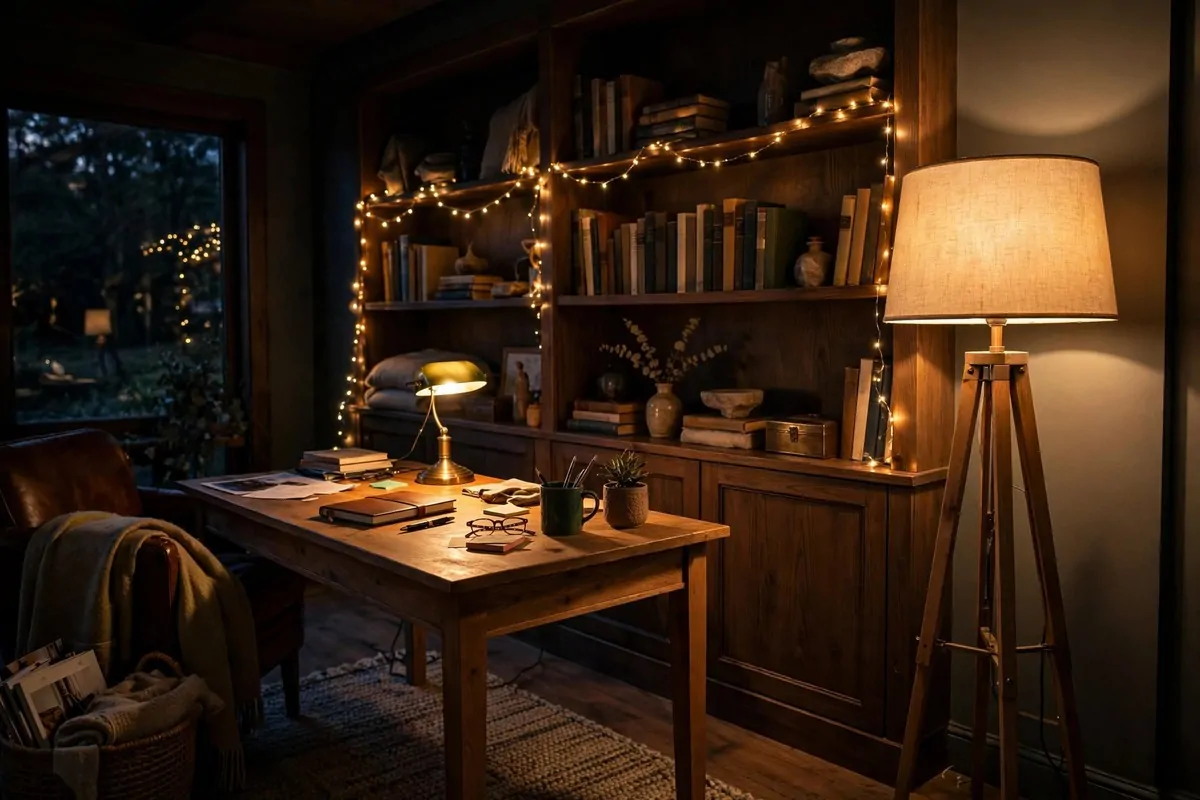 15 Cozy Den Room Ideas Small Office Spaces Can Pull Off 14 Den office in the evening lit only by a warm floor lamp and desk lamp, soft golden pools of light and deep cozy shadows