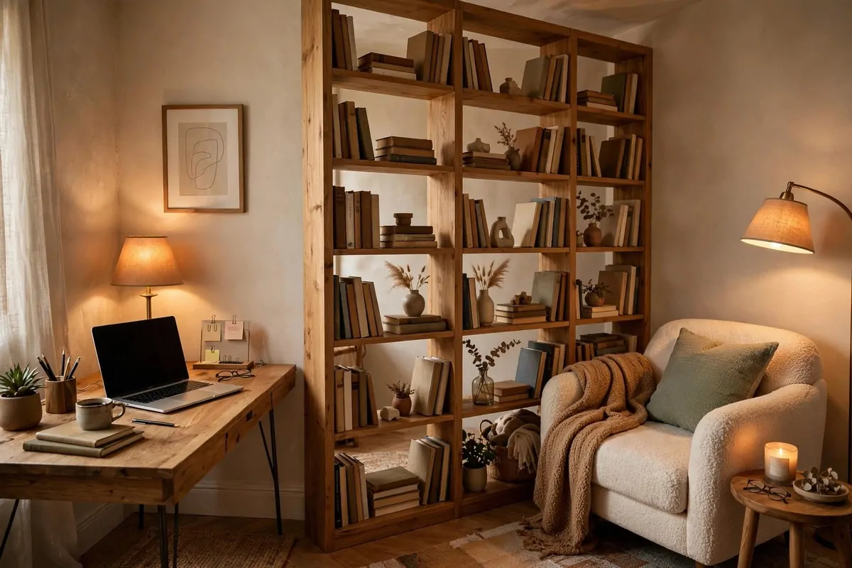 15 Cozy Den Room Ideas Small Office Spaces Can Pull Off 15 Small den office divided by an open backless bookshelf, desk on one side and reading chair on the other, warm light throughout