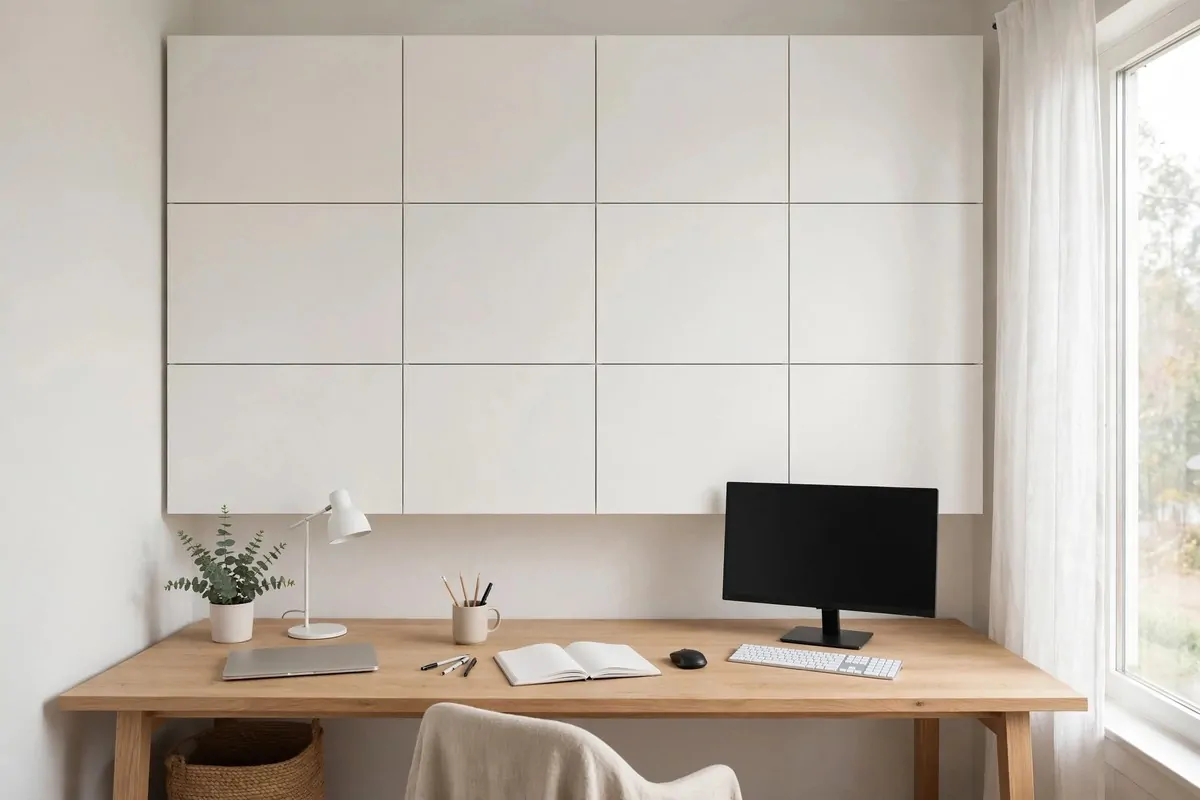 15 Eket Ikea Office Ideas That Maximize Wall Storage 1 Home office wall covered with white EKET wall cabinets above a light wood desk