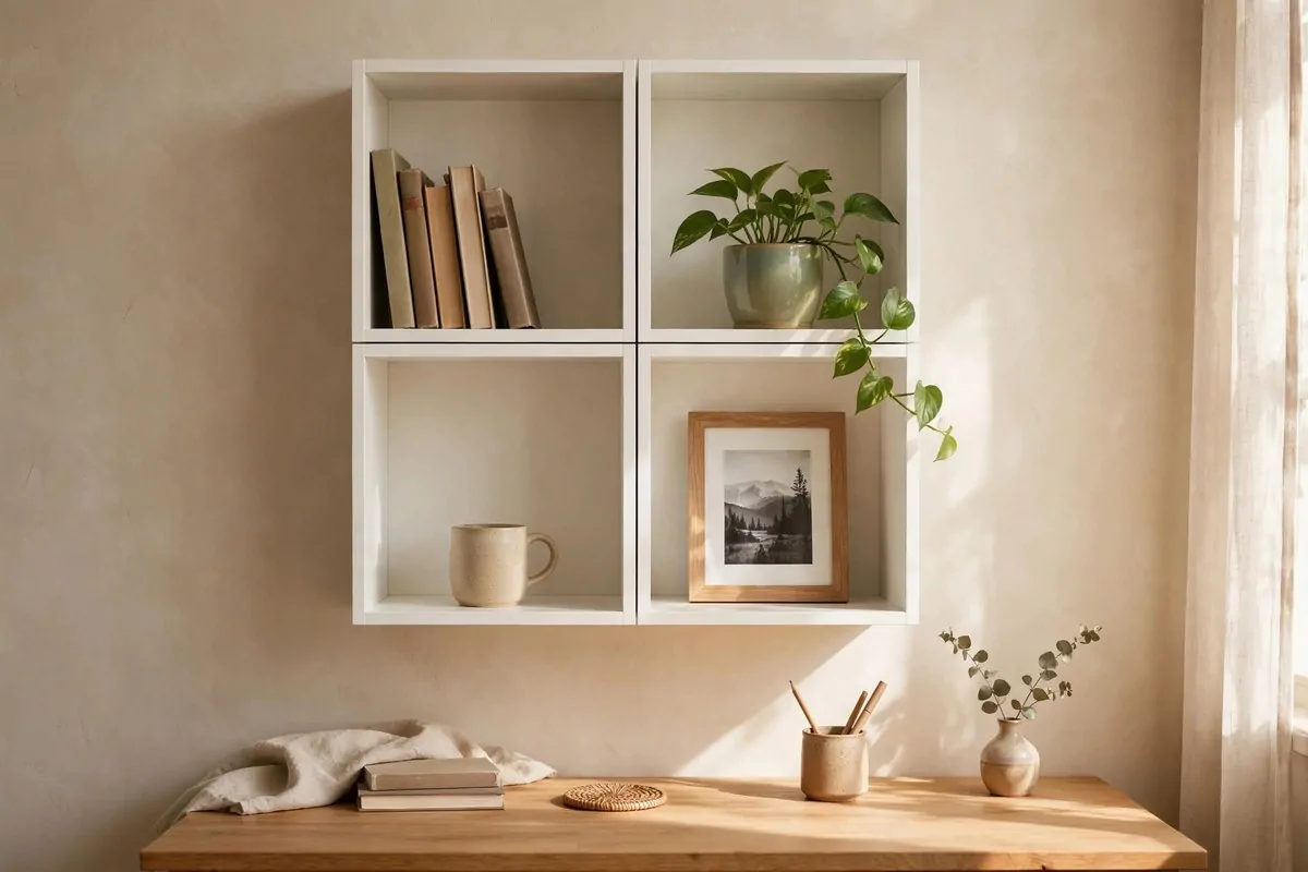 15 Eket Ikea Office Ideas That Maximize Wall Storage 2 Open white EKET cube shelves on an office wall holding books, small plant and desk items