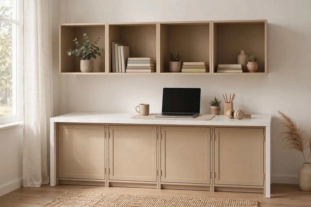 15 Eket Ikea Office Ideas That Maximize Wall Storage 3 Mixed EKET wall in warm beige with closed cabinets below and open display cubes on top