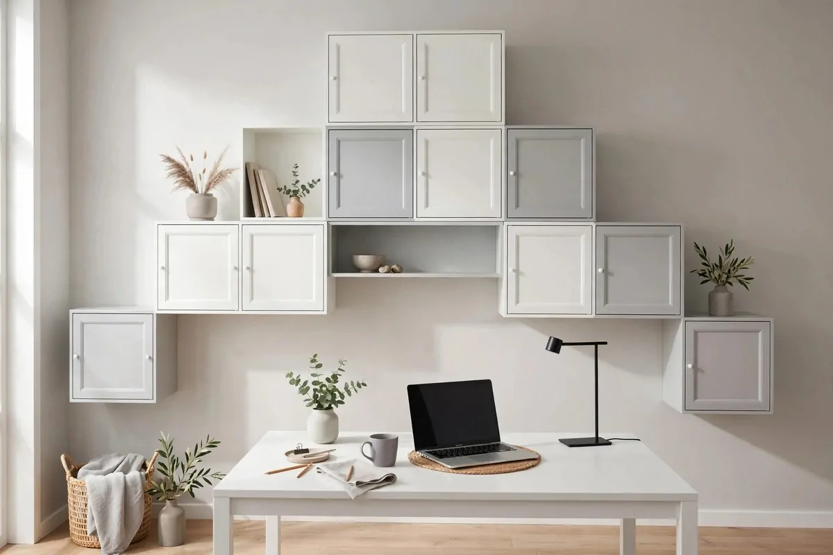15 Eket Ikea Office Ideas That Maximize Wall Storage 4 Asymmetrical EKET wall arrangement rising like a mountain in soft grey and white cubes