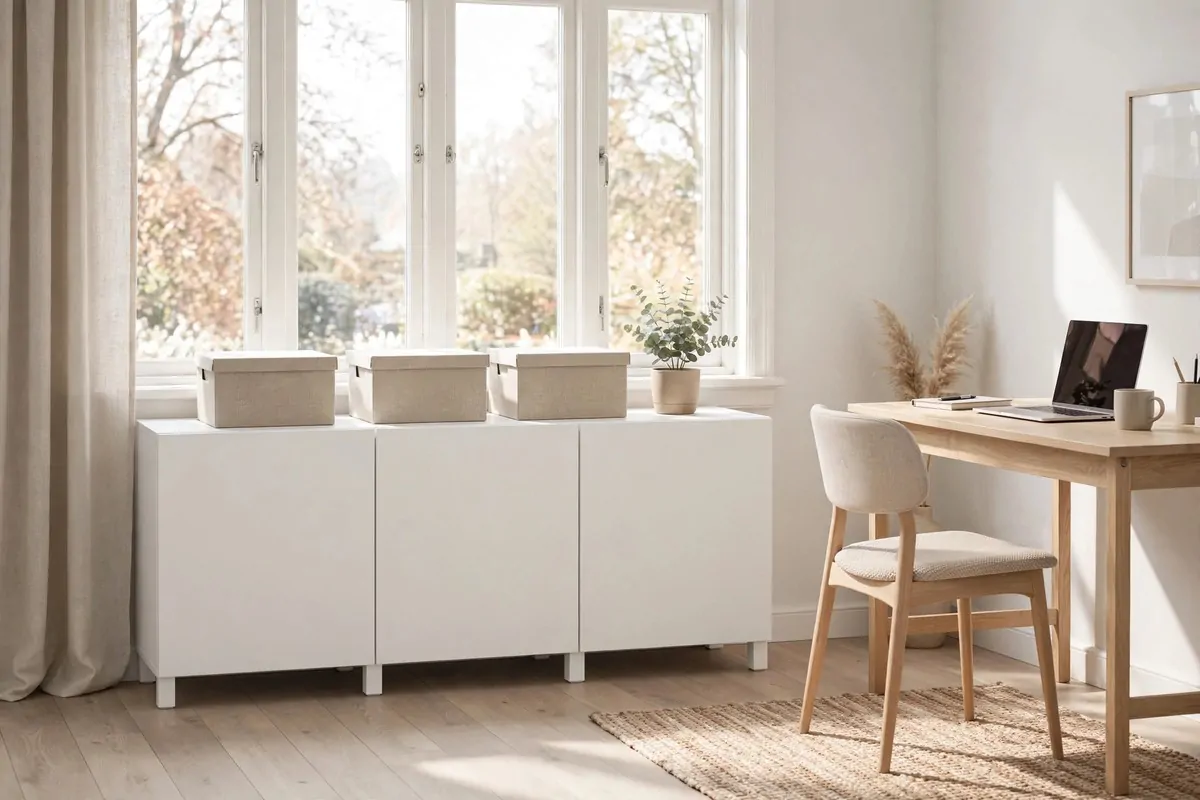 15 Eket Ikea Office Ideas That Maximize Wall Storage 5 Low white EKET credenza with storage boxes under a bright office window