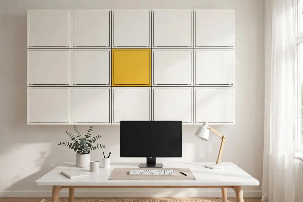 15 Eket Ikea Office Ideas That Maximize Wall Storage 6 White EKET wall grid with one bold mustard yellow cabinet as a colour accent