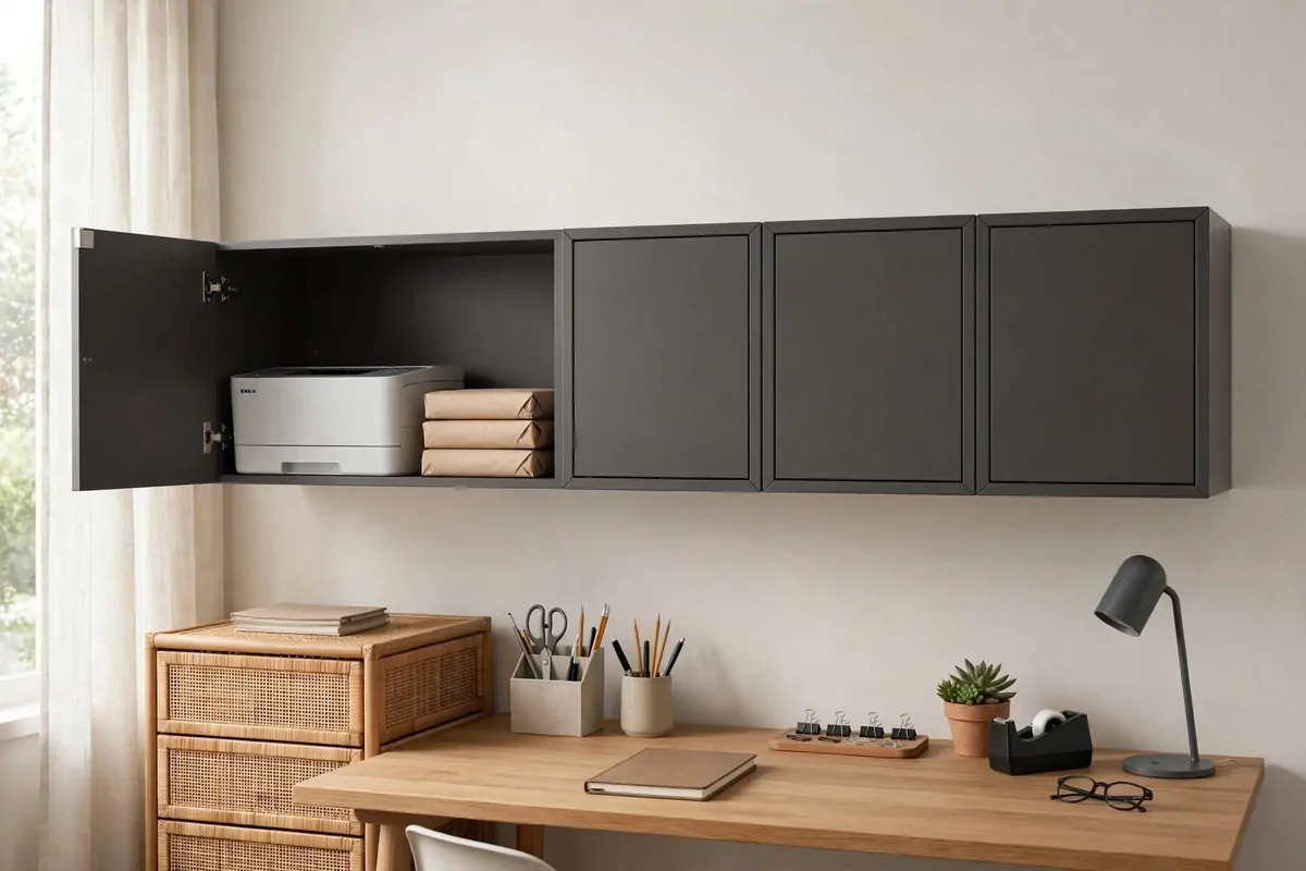 15 Eket Ikea Office Ideas That Maximize Wall Storage 7 Dark grey EKET wall cabinets in an office holding printer paper and office supplies