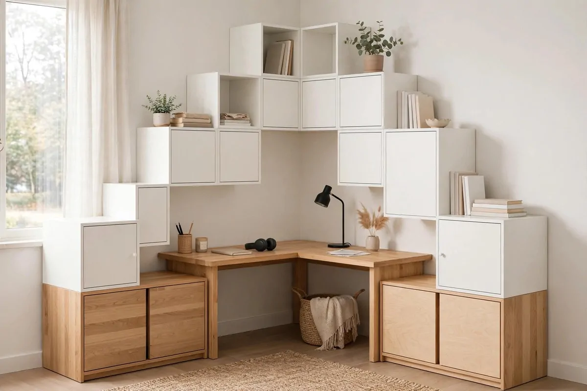 15 Eket Ikea Office Ideas That Maximize Wall Storage 8 EKET cabinets climbing both sides of an office corner in a stepped pattern