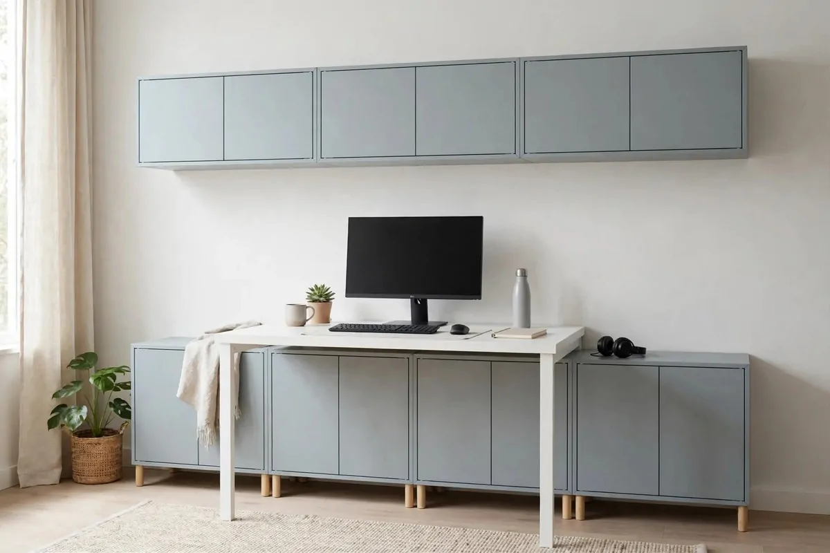 15 Eket Ikea Office Ideas That Maximize Wall Storage 9 EKET office wall with deep grey-blue cabinets at the bottom and shallow cabinets on top
