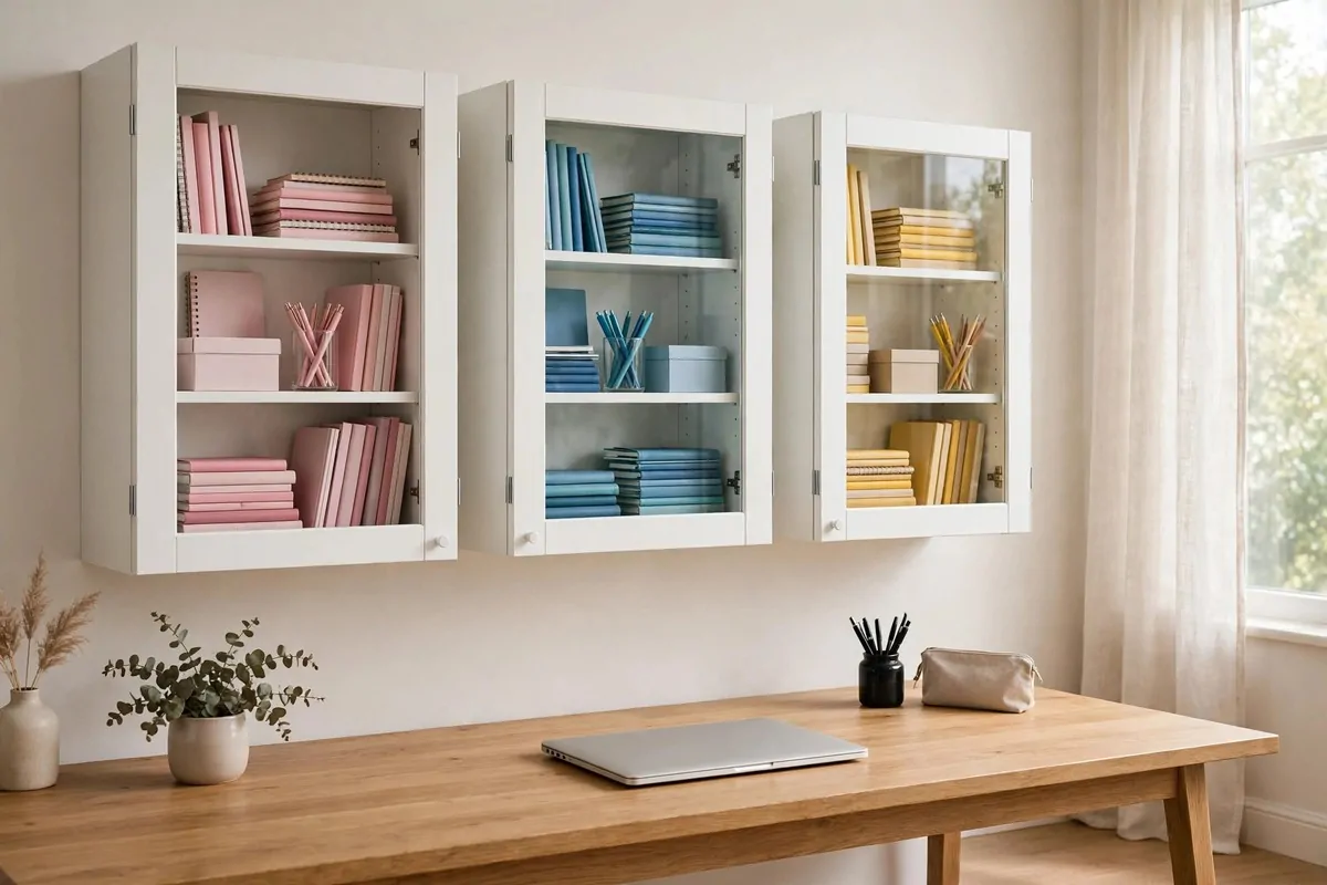 15 Eket Ikea Office Ideas That Maximize Wall Storage 10 EKET cabinets with glass doors in an office showing neat stacks of colourful supplies