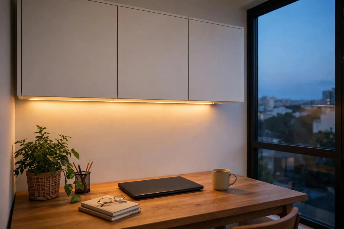 15 Eket Ikea Office Ideas That Maximize Wall Storage 11 EKET wall cabinets glowing with warm LED strip lighting underneath over a desk