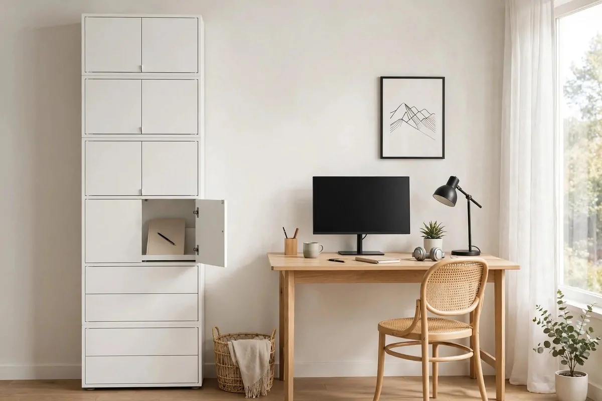 15 Eket Ikea Office Ideas That Maximize Wall Storage 12 Tall narrow EKET tower cabinet standing beside a home office desk