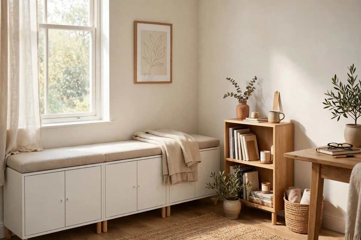 15 Eket Ikea Office Ideas That Maximize Wall Storage 13 Low EKET cabinet bench with a soft cushion in an office corner under a window