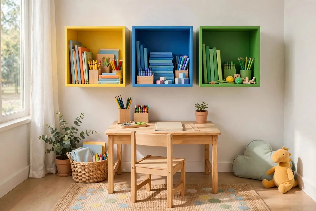 15 Eket Ikea Office Ideas That Maximize Wall Storage 14 Colourful multicolour EKET wall cubes in a kids homework study corner