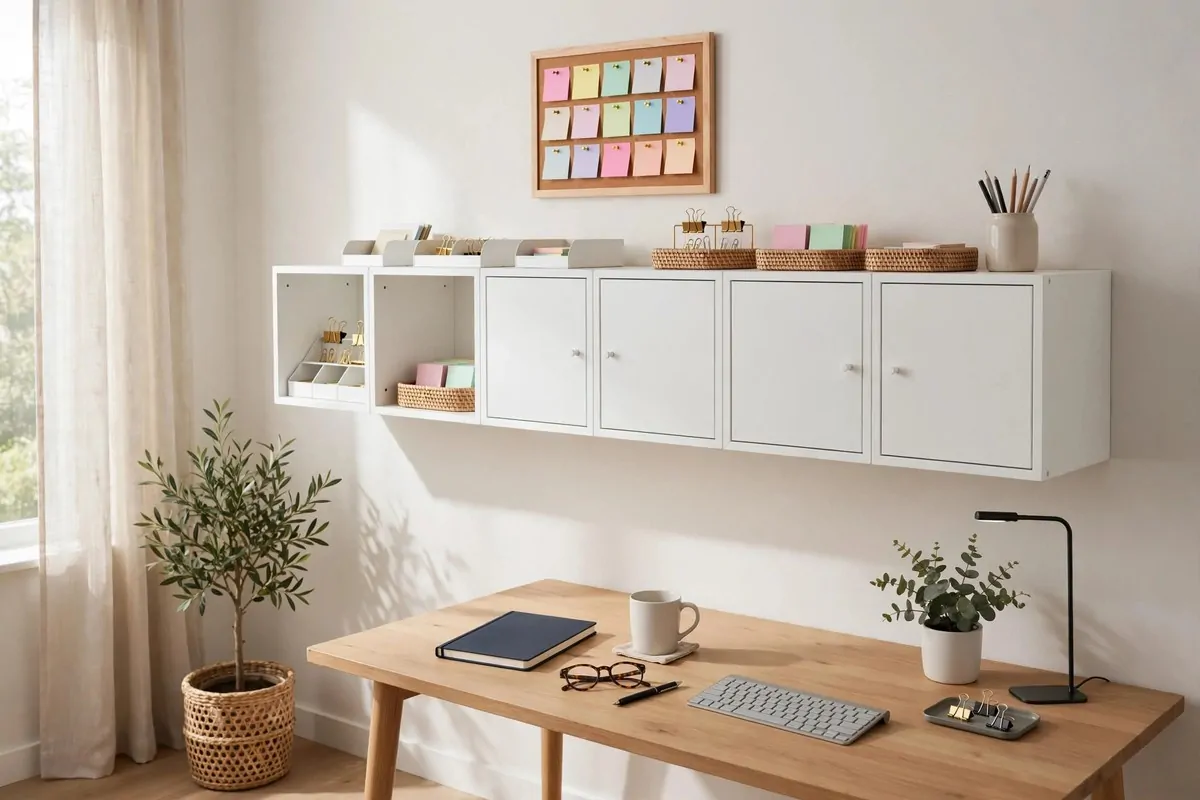 15 Eket Ikea Office Ideas That Maximize Wall Storage 15 EKET wall above a desk with small organizer trays on top and a pinboard mounted above