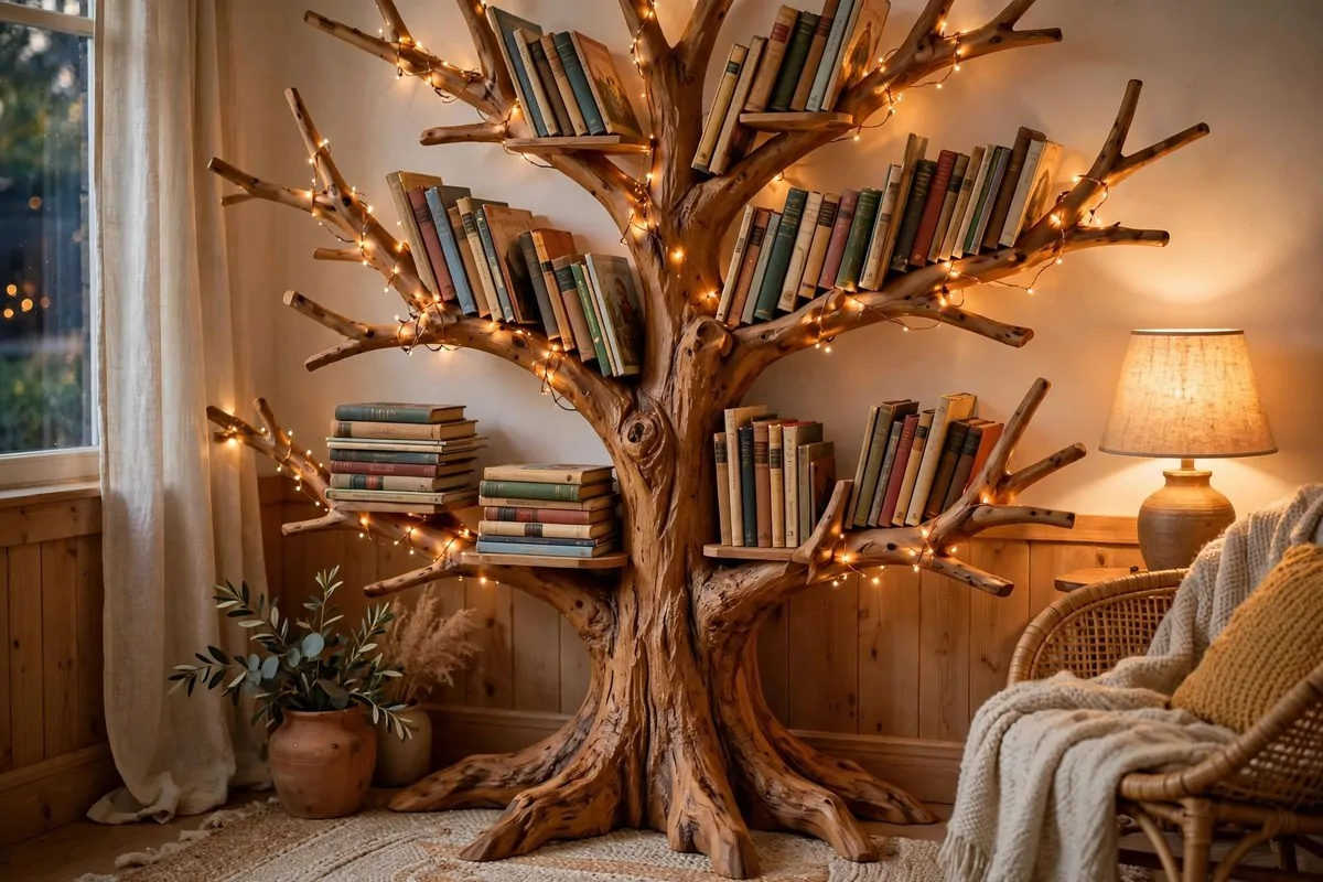 15 Fairy Library Setups for a Magical Story-Book Corner 3 A whimsical tree-shaped wooden bookshelf holding storybooks, wrapped in fairy lights