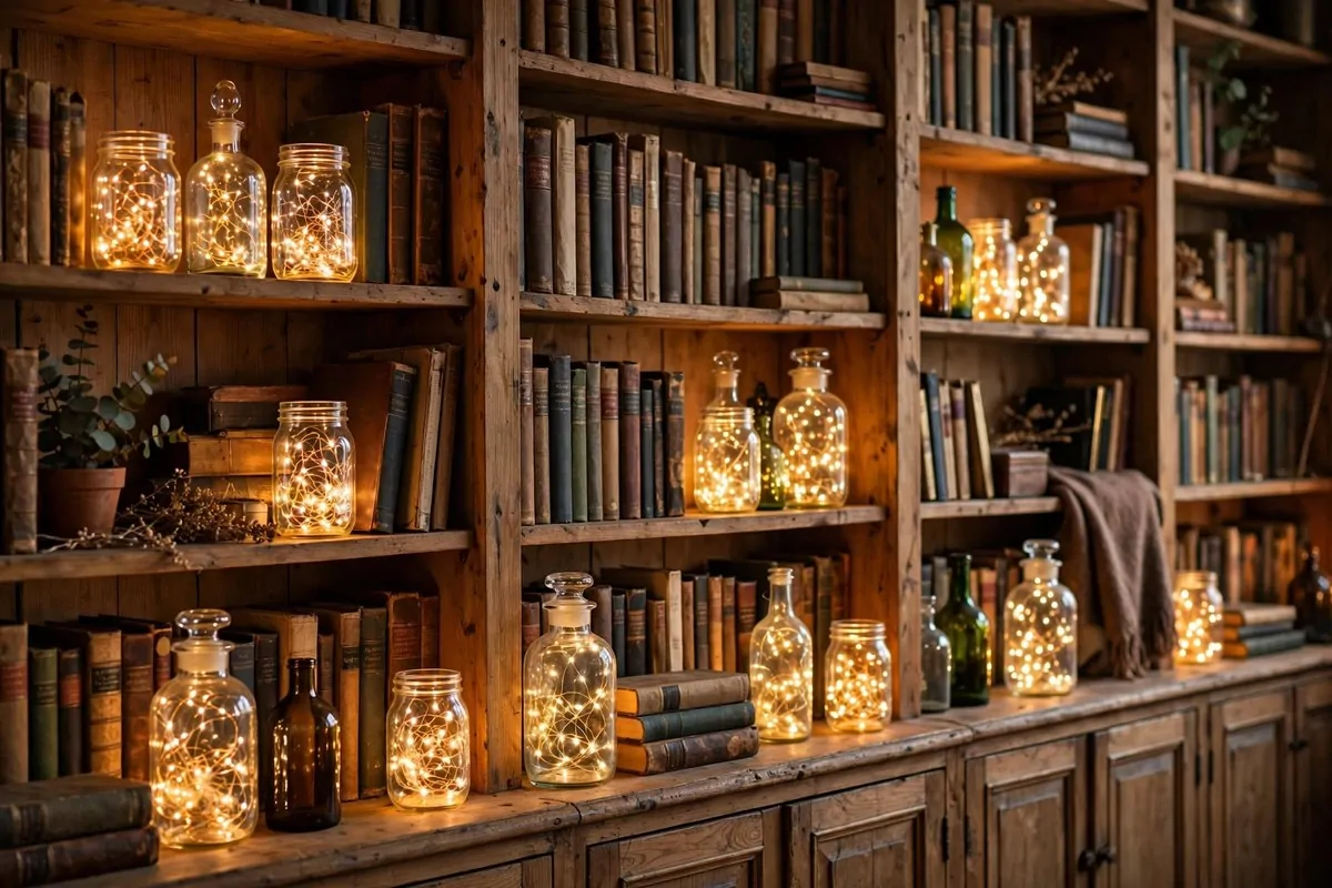 15 Fairy Library Setups for a Magical Story-Book Corner 4 Glass jars and bottles filled with glowing fairy lights on library shelves