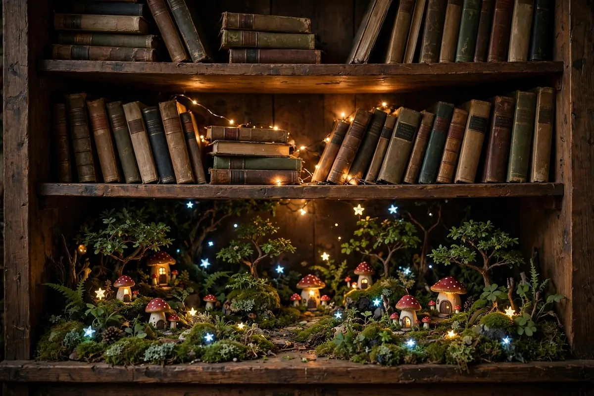 15 Fairy Library Setups for a Magical Story-Book Corner 5 A tiny hidden fairy garden with miniature trees and glowing stars inside a bookshelf