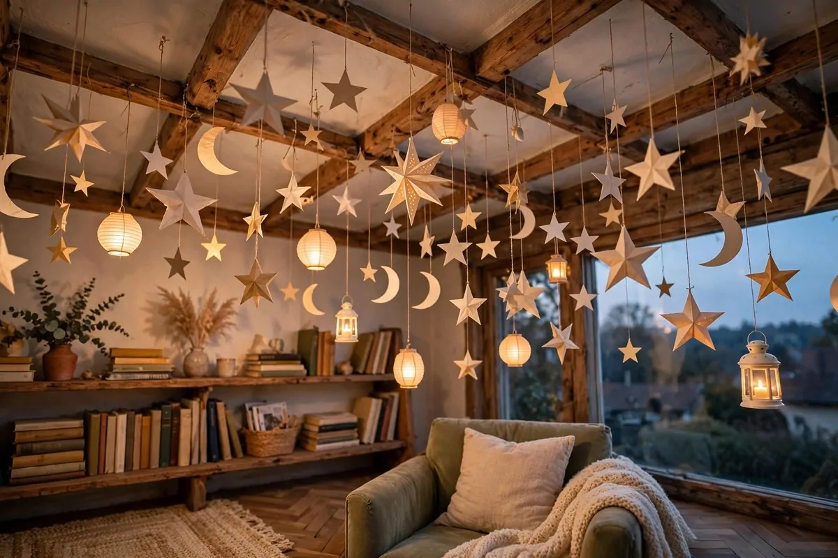 15 Fairy Library Setups for a Magical Story-Book Corner 6 Paper stars and moons hanging above a cozy book corner