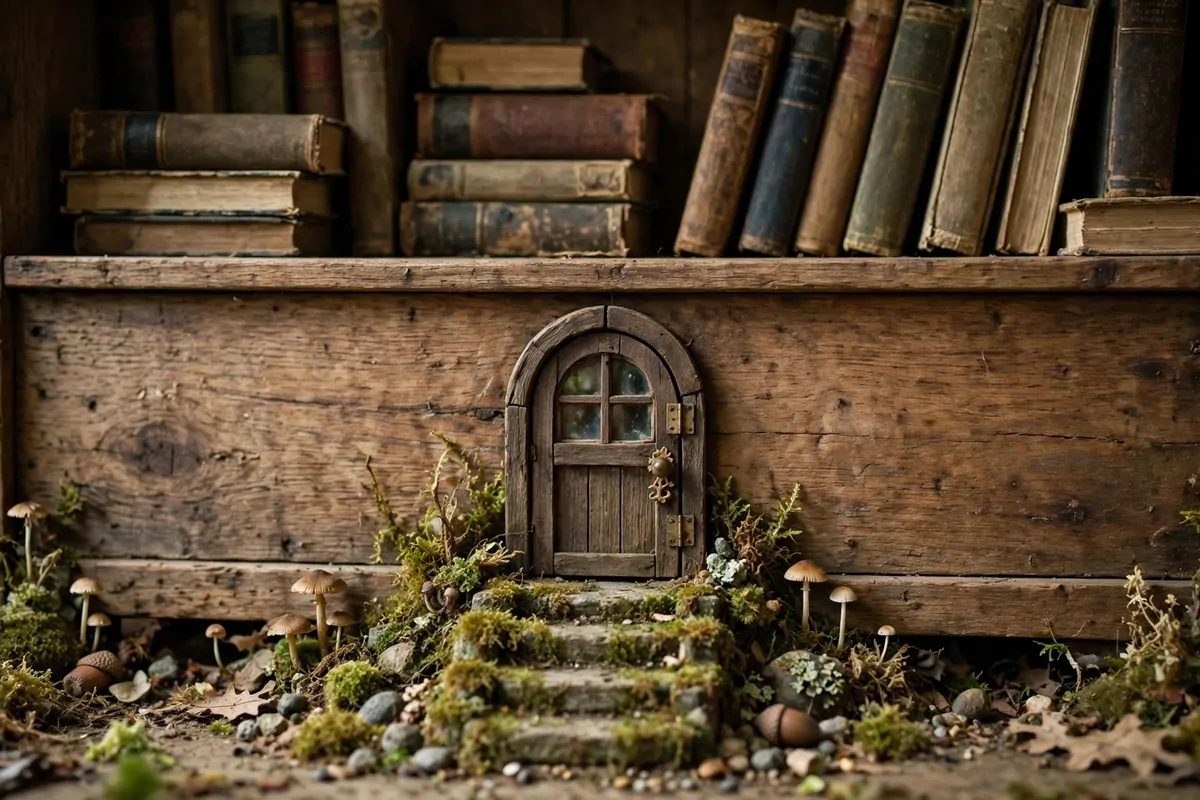 15 Fairy Library Setups for a Magical Story-Book Corner 7 A tiny arched fairy door with moss steps at the base of a bookshelf