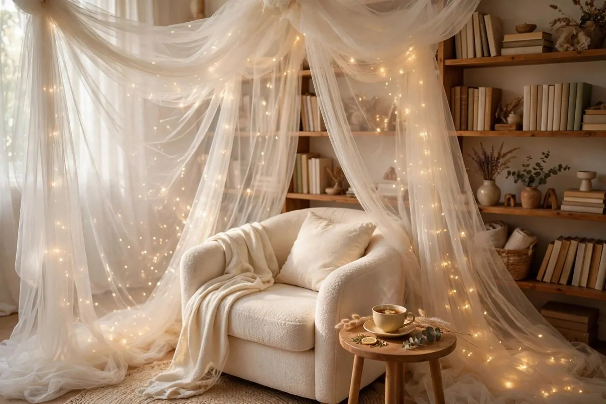 15 Fairy Library Setups for a Magical Story-Book Corner 8 Soft cream tulle canopy draped around an armchair and side table in a book corner