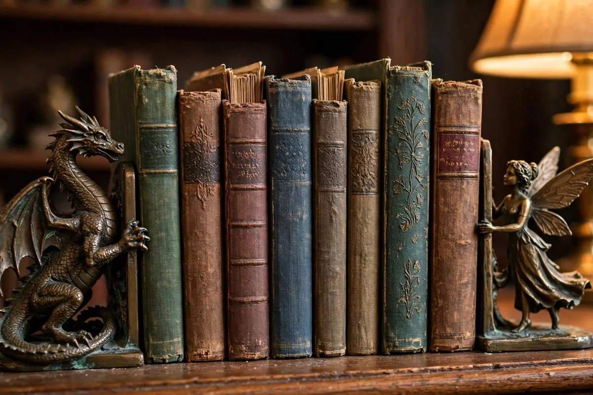 15 Fairy Library Setups for a Magical Story-Book Corner 9 Bronze dragon and fairy bookends holding up old storybooks on a shelf